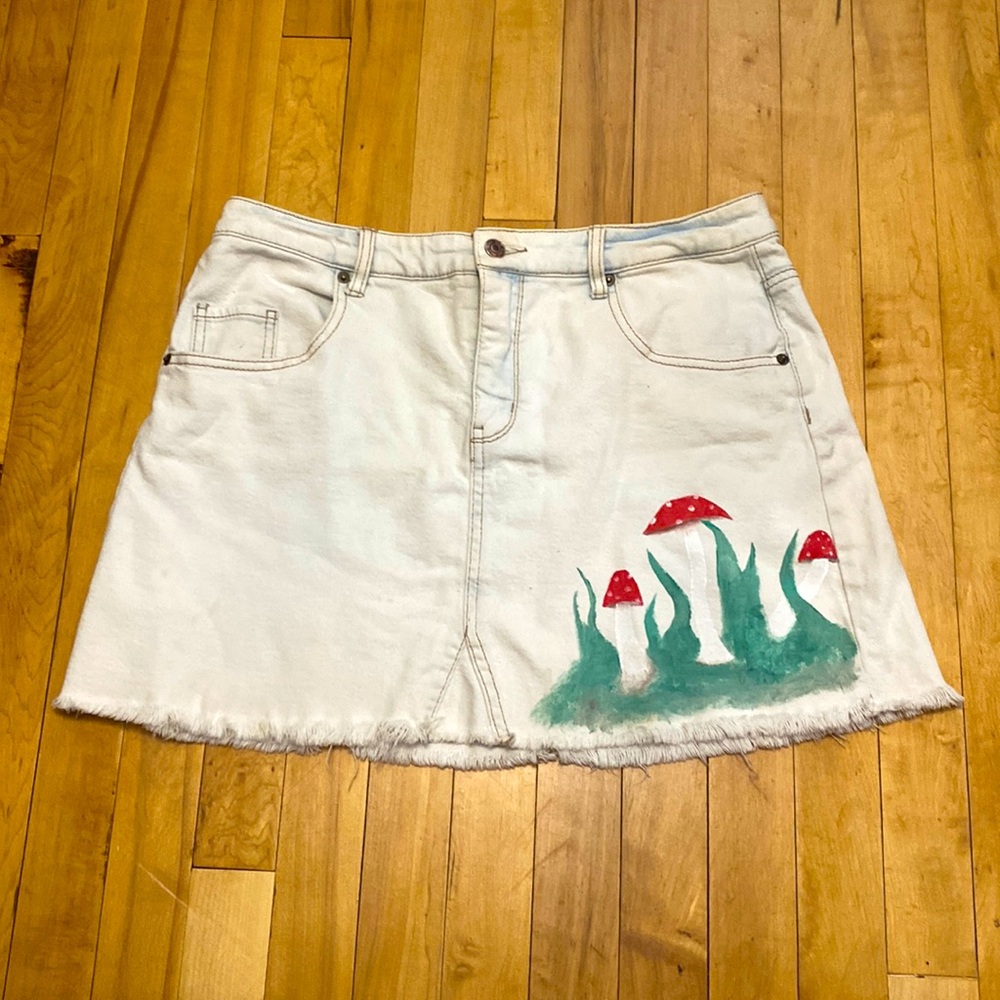 Handpainted upcycled 1 of 1 Wild Fable Mushroom Landscape Jean Skirt Size 18